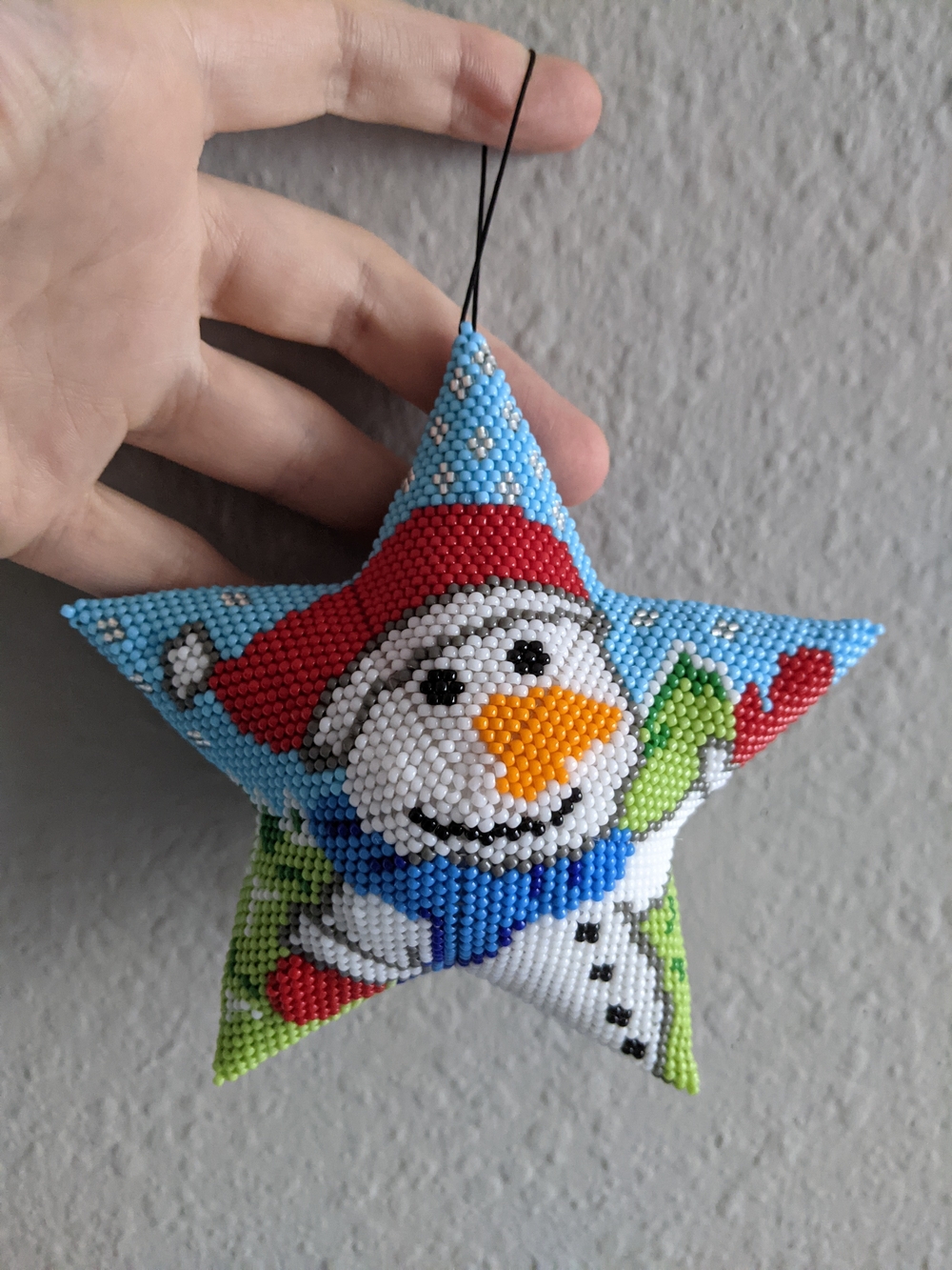 Handmade Beaded Snowman Star Ornament – Blue, Red, White